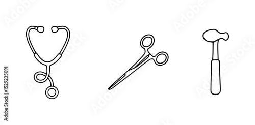 medical instruments, doctor, surgeon, tools, stethoscope, surgical scissors, reflex hammer, vector, illustration