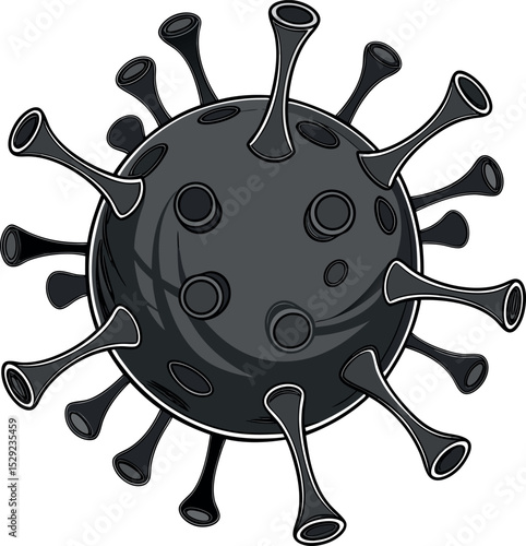 Black silhouette of COVID virus, simplified icon for healthcare materials, websites, or visual media use.