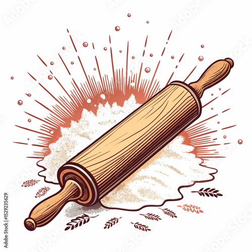 A rustic wooden rolling pin amidst a flour explosion, centered on a spotless wooden countertop.  High-speed photography captures the dynamic action.