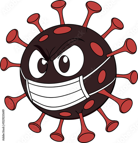 Masked cartoon coronavirus with evil face, perfect for humor-based COVID designs, educational materials, or eye-catching vector graphics.