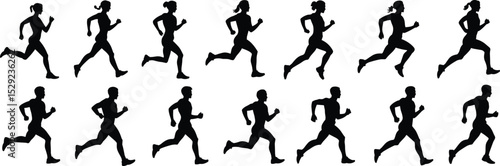 Running silhouette collection, male and female joggers, fitness vector figures, athletic motion poses, exercise black icons