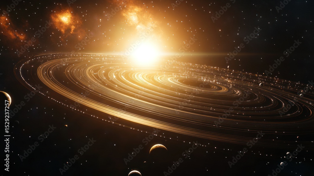 Fototapeta premium Golden ringed galaxy with multiple planets
