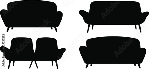 Modern sofa silhouette collection, contemporary couch vector set, minimalist black furniture icons, isolated interior seat design, stylish home decor element

 flat vector illustration