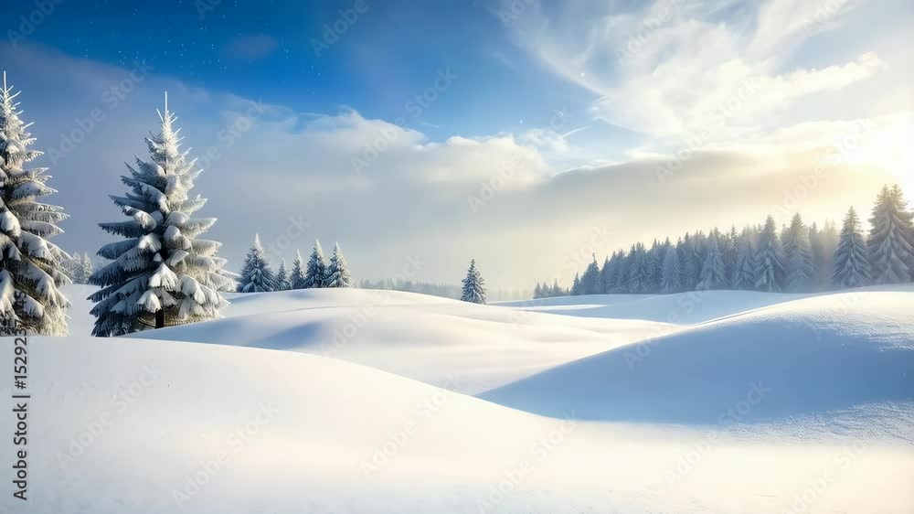 Snow covered rolling hills with pine trees under a winter blue sky with soft clouds on a bright sunny day, snowscape, landscape Snow covered rolling hills with pine trees under a winter blue sky with soft clouds on a bright sunny day, snowscape, landscape
