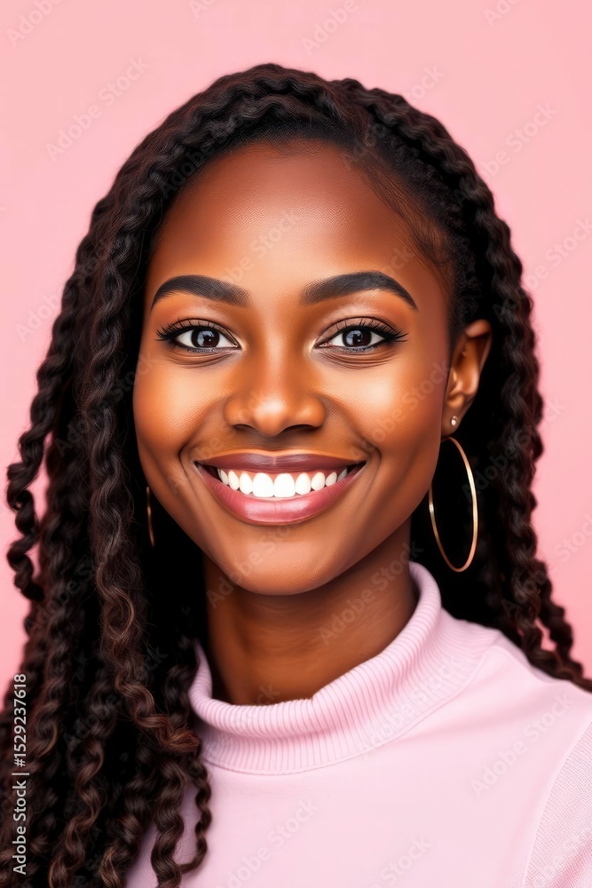 A smiling woman with dark curly hair and gold hoop earrings against pink background portrait A smiling woman with dark curly hair and gold hoop earrings against pink background portrait