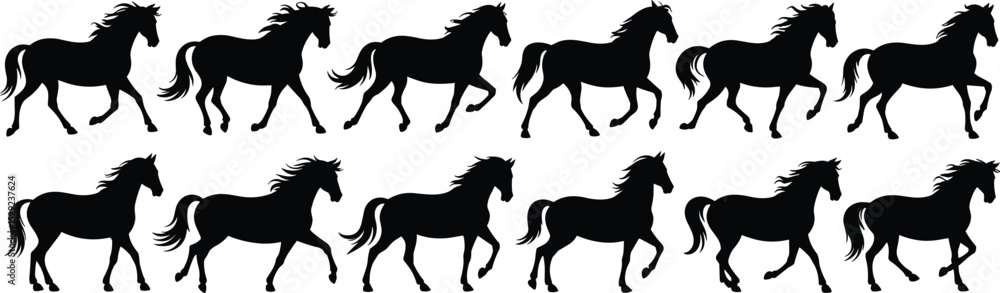 Running horse silhouette vector set, galloping stallion icon collection, wild horse motion graphic, black horse clipart, equine movement illustration
flat vector illustration Running horse silhouette vector set, galloping stallion icon collection, wild horse motion graphic, black horse clipart, equine movement illustration
flat vector illustration