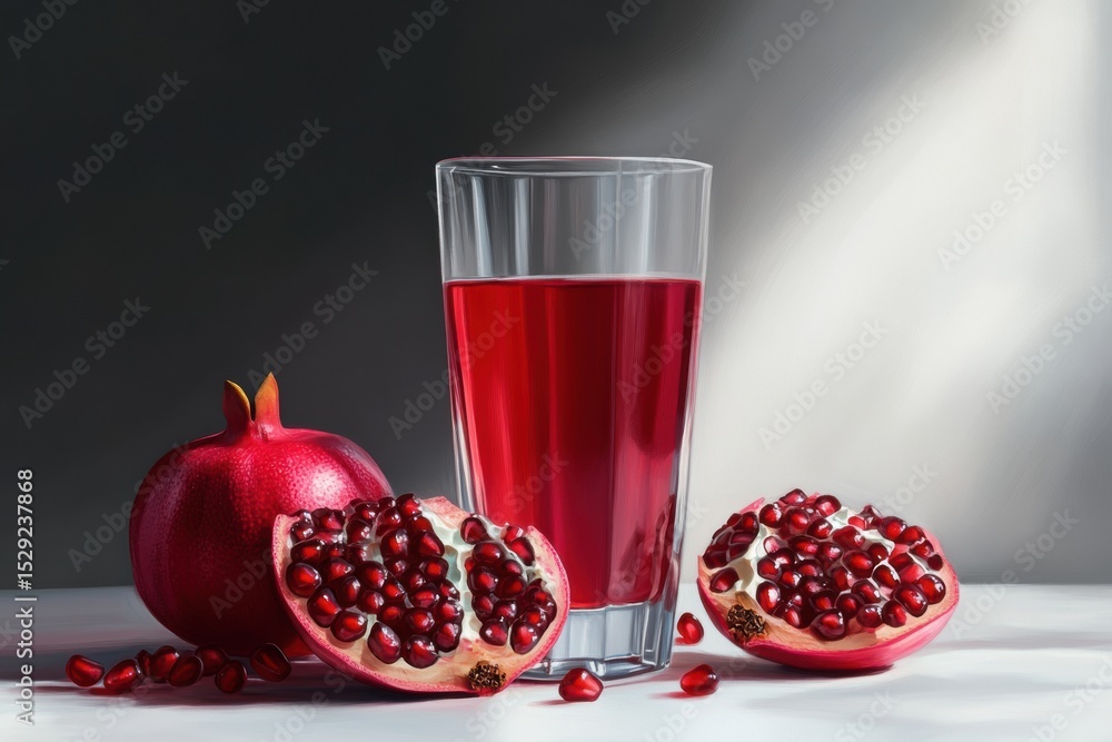 Freshly squeezed pomegranate juice in a clear glass, surrounded by ripe split pomegranates and scattered seeds on a white surface. Rich red tones, natural light, clean composition. Copy space Freshly squeezed pomegranate juice in a clear glass, surrounded by ripe split pomegranates and scattered seeds on a white surface. Rich red tones, natural light, clean composition. Copy space