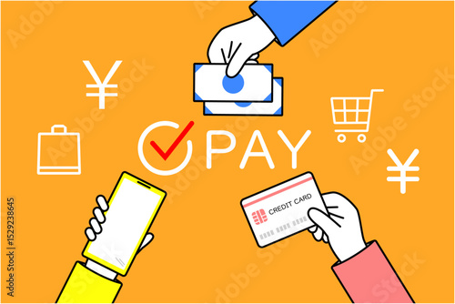 様々な方法で支払いを行う人物の手のイラスト