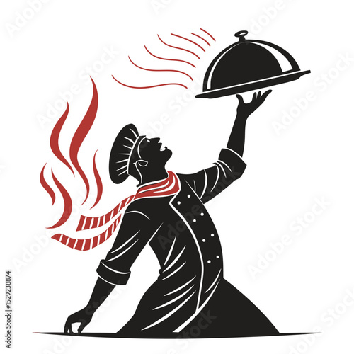 Принти на полотні Silhouette of a chef dramatically lifting a dome lid revealing a culinary masterpiece; steam and aroma lines accentuate the scene