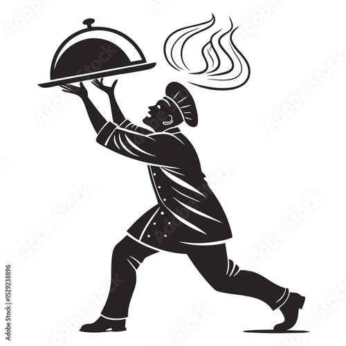 Silhouette of a chef dramatically lifting a dome lid revealing a culinary masterpiece;  aroma lines emanate upwards.
