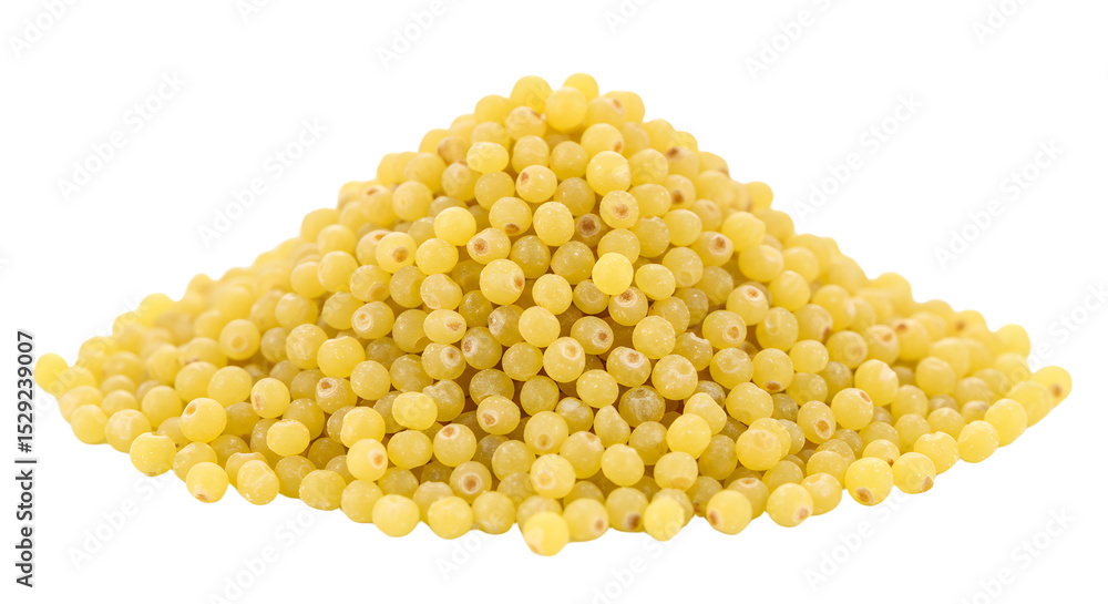 A vibrant pile of yellow beads displayed against a white backdrop, ideal for crafting, jewelry making, or design projects A vibrant pile of yellow beads displayed against a white backdrop, ideal for crafting, jewelry making, or design projects