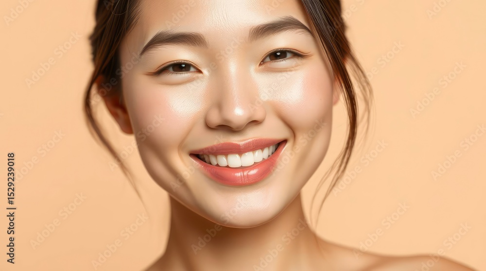 Obraz premium Radiant young woman with a genuine smile showcasing her healthy teeth on a neutral background.