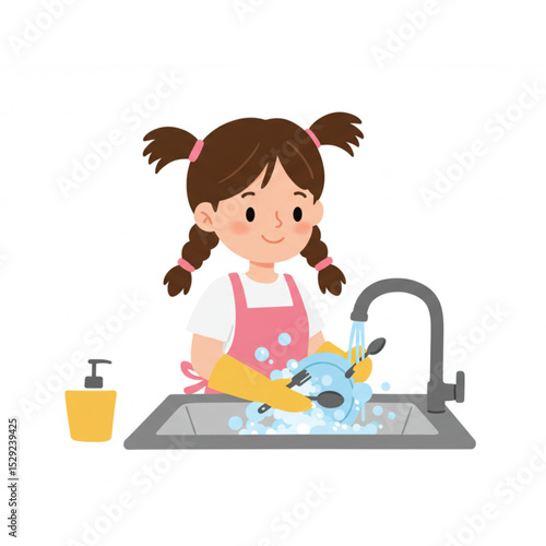 Adorable Girl Washing Dishes Childrens Kitchen Cartoon Scalable Design for Kids Products Branding