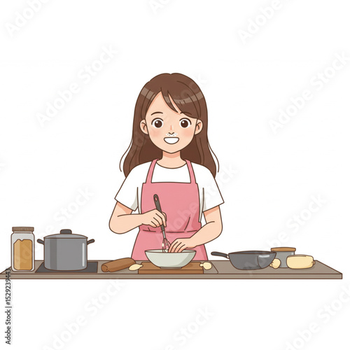 A cheerful girl in a pink apron happily bakes delicious treats in her kitchen a delightful cooking scene perfect for recipe blogs or culinary branding