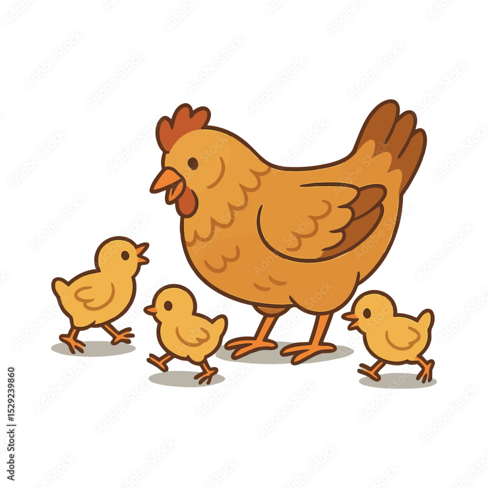 Cartoon hen with her three chicks on beige background Cartoon hen with her three chicks on beige background