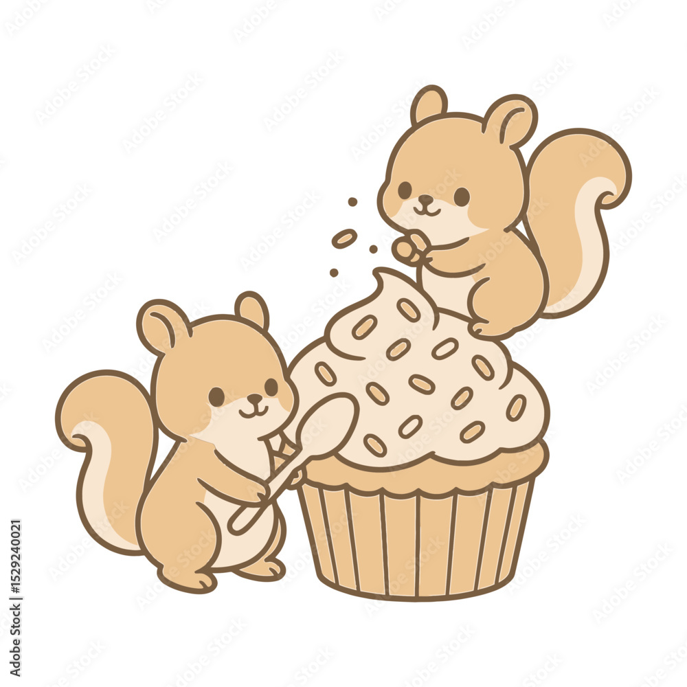 Fototapeta premium Two cute squirrels decorating a giant cupcake with sprinkles