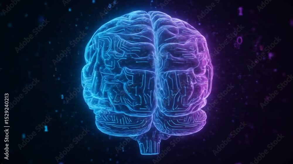 Animation of a rotating digital brain with glowing circuits, Seamless Loop, concept of technology and data processing