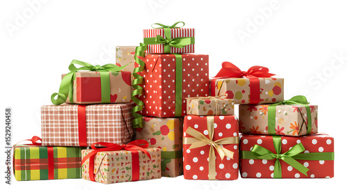A vibrant stack of beautifully wrapped holiday gifts in various patterns and colors, set against a transparent background