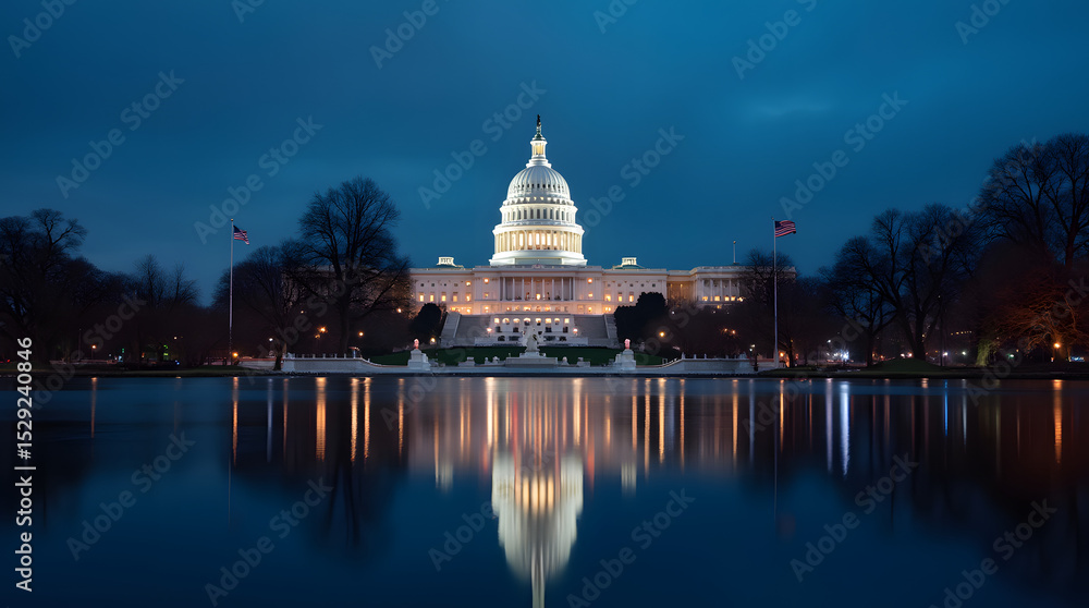 Fototapeta premium Night View of the United States Capitol Building in Washington, D.C., Featuring Illuminated Architecture and Iconic American Landmark Scenery