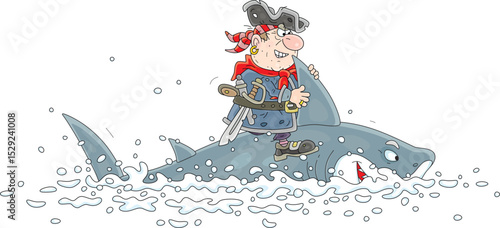 Funny sea pirate with a cocked hat, a pistol and a sharp saber riding a shark in a sea in search of adventure, vector cartoon illustration on white