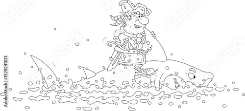 Funny sea pirate with a cocked hat, a pistol and a sharp saber riding a shark in a sea in search of adventure, black and white vector cartoon illustration for a coloring book