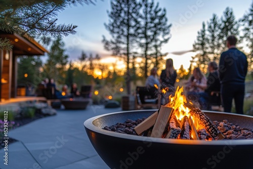 Fototapeta Naklejka Na Ścianę i Meble -  Group of friends enjoying an autumn evening outdoors, sitting around a fire pit, laughing and talking. Cozy atmosphere, warm clothes, and vibrant fall foliage in the background. Copy space. Banner