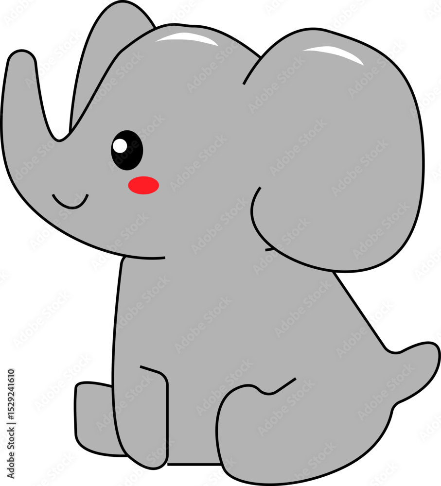 Obraz premium Adorable Cartoon Elephant Sitting with Blush Cheeks – Cute Gray Animal Vector for Kids Education and Design Projects