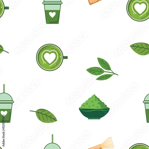 Matcha green tea vector elements in repeating clean background for natural lifestyle visuals
