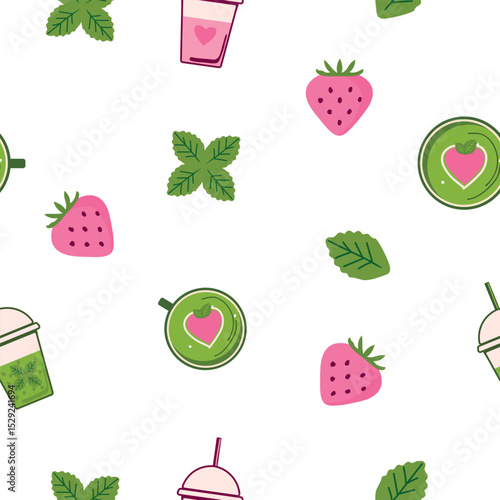 Summer drink pattern with strawberry, mint, and matcha bubble tea elements for clean vector illustrations