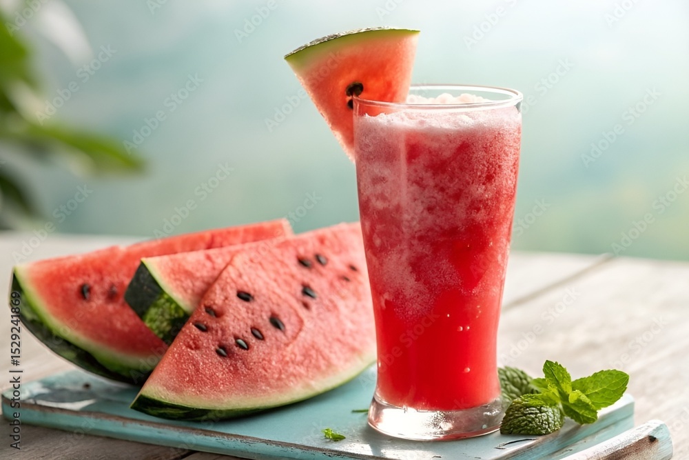 Frosty Watermelon Juice with Slice on Rim – Refreshing Summer Drink Photography Frosty Watermelon Juice with Slice on Rim – Refreshing Summer Drink Photography