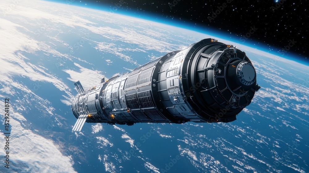 Fototapeta premium Futuristic Spacecraft Orbiting Earth with Deep Space Backdrop and Planetary Atmosphere