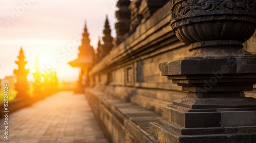 Serene sunset view of ancient temple architecture with intricate stone carvings and peaceful surroundings