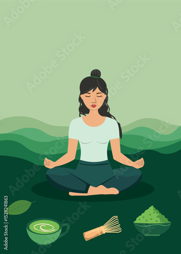 Wallpaper Mural Flat vector of mindful meditation with organic matcha tea, citrus, mint and green leaves in relaxing wellness theme illustration Torontodigital.ca