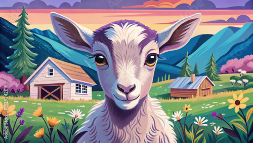 playful baby goat standing on a green hillside farm perfect for springtime scenes, rural life visuals, and children’s designs