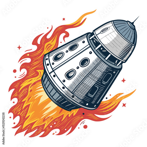 A fiery space capsule descends through Earth's atmosphere, leaving a blazing trail.  Intense heat and atmospheric friction are visible.