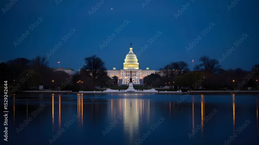 Obraz premium Night View of the United States Capitol Building in Washington, D.C., Featuring Illuminated Architecture and Iconic American Landmark Scenery