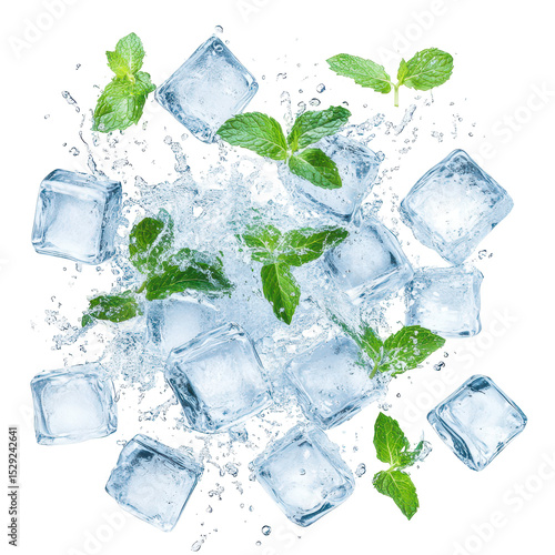 Wallpaper Mural  Refreshing Ice Cubes and Mint: An artistic composition showcases glistening ice cubes amidst a burst of water droplets, harmoniously intermingling with fresh, vibrant mint sprigs Torontodigital.ca