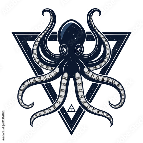 A bioluminescent space octopus, adorned with gleaming cybernetic limbs, floats serenely within a low-poly, triangular nebula.