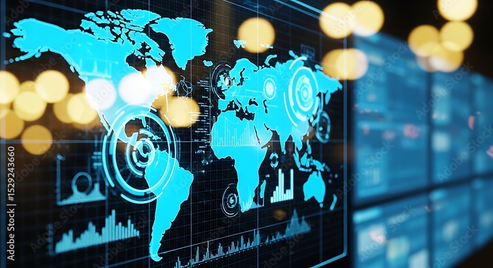 Obraz premium Global data analytics visualization displays world map on digital screen