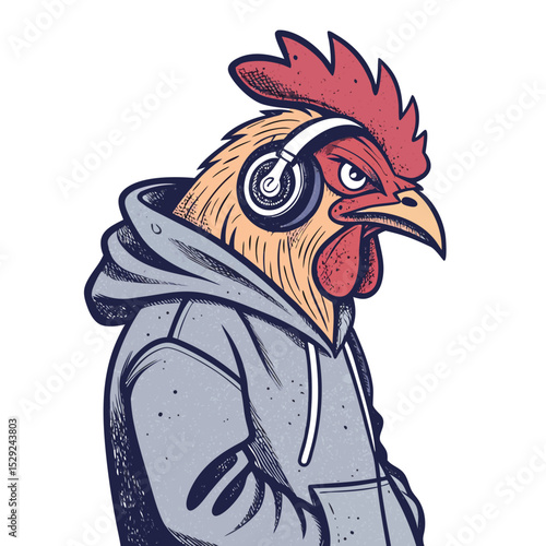 A streetwise chicken, wearing a grungy hoodie and headphones, poses defiantly amidst urban decay.  Gritty, urban, cool.
