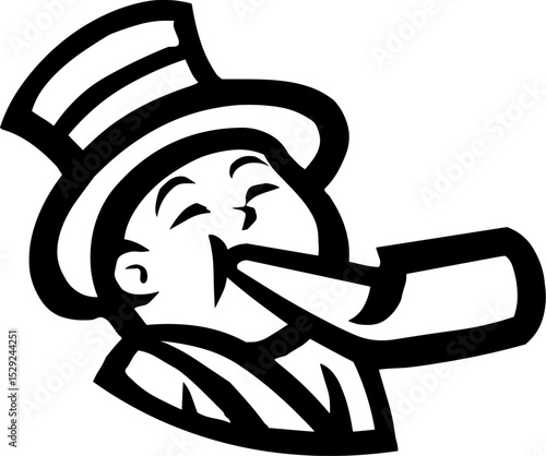 Black and white graphic of person wearing top hat and blowing party horn, stylized design often used as logo, icon, or celebration symbol.