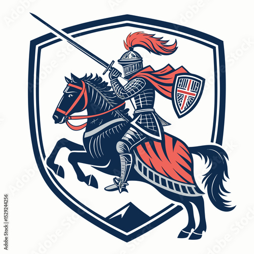 A stylized knight, valiant and powerful, rides a charging warhorse, brandishing a shield; dynamic action pose, fantasy art style.