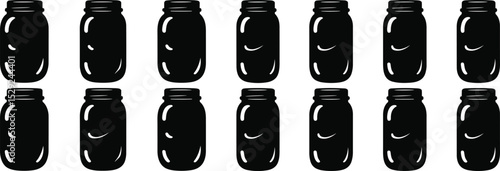 Black mason jar silhouette vector set, vintage glass container design, clipart for crafts, labels, kitchen decor,