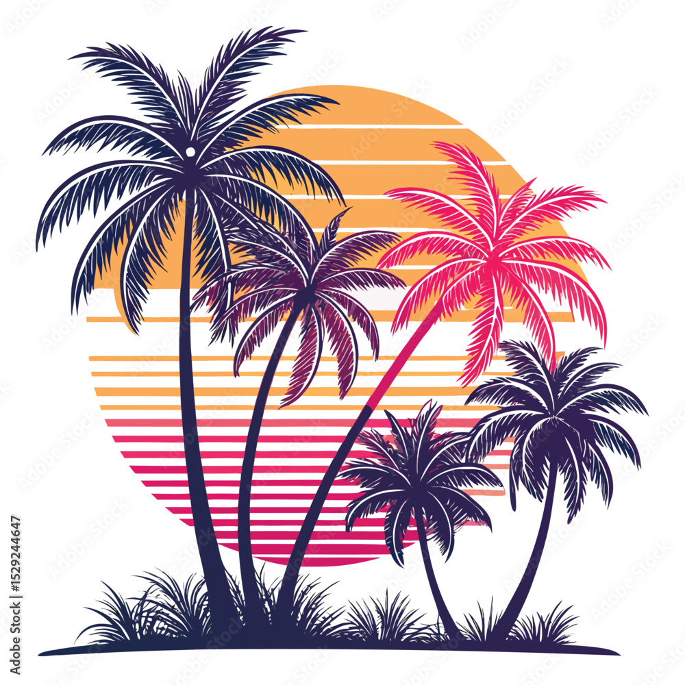 Fototapeta premium Create a vibrant, retro-styled illustration of stylized palm trees gracefully swaying beneath a neon-pink sun. Emphasis on bold colors and smooth lines.