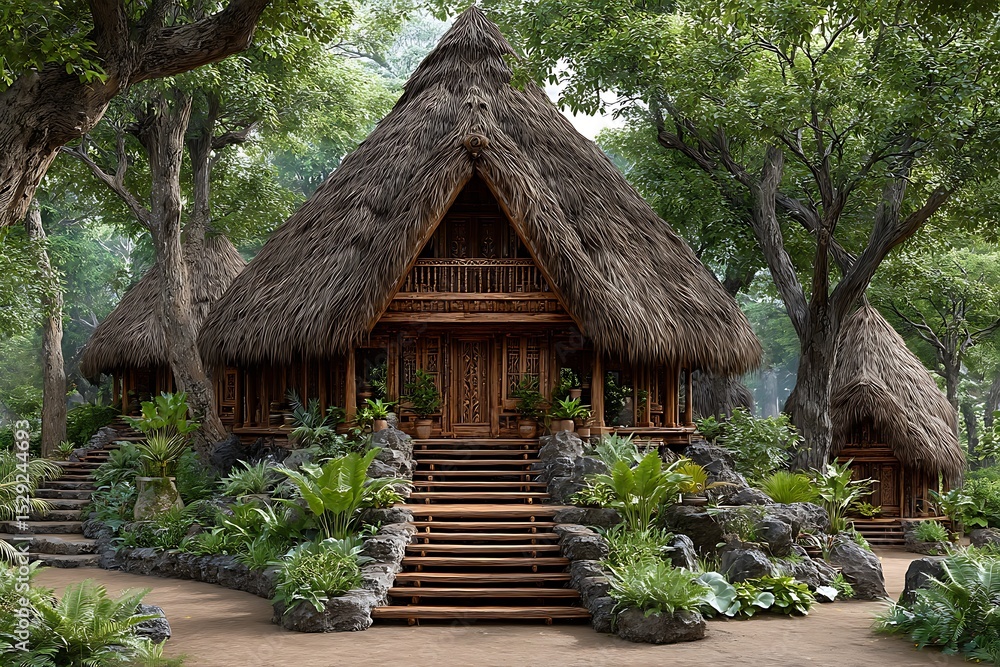 Jungle path leading to wooden house high resolution image Jungle path leading to wooden house high resolution image