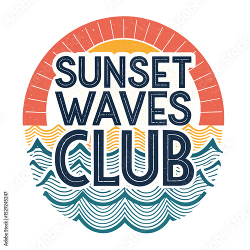 Vibrant stylized sunset over crashing ocean waves; luxurious beach club silhouette;  evocative tropical sunset scene.