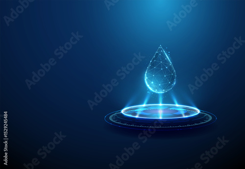 Water drop on futuristic podium. Clean water, environmental protection, water purification, sustainability concept. Glowing water symbol, sci-fi platform.