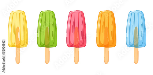 Cartoon colorful popsicle collection in five fruity flavor on white background. Ideal for summer theme, food packaging, kids party decoration and dessert cafe.