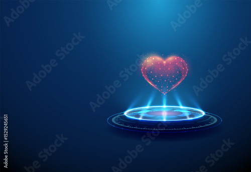 Heart shape on futuristic podium. Cardiovascular health, medical diagnostics, digital health, biomedical technology, charity donation concept.