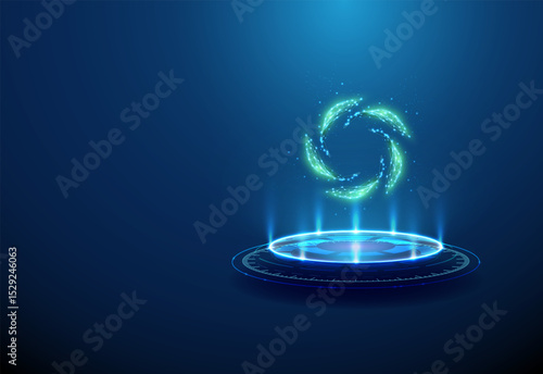 Leaf circle on futuristic podium. Sustainability, environmental protection, renewable resources, eco innovation concept.